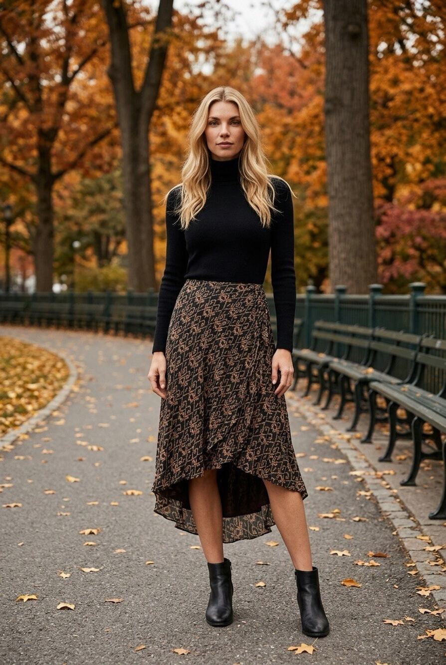 Vintage LRL Ralph Lauren Silk Wool Blend Ikat Print Midi Skirt Brown Tan Size 16